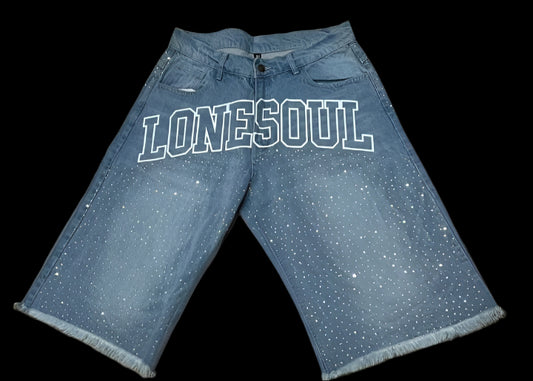 rhinestone denim jorts white print