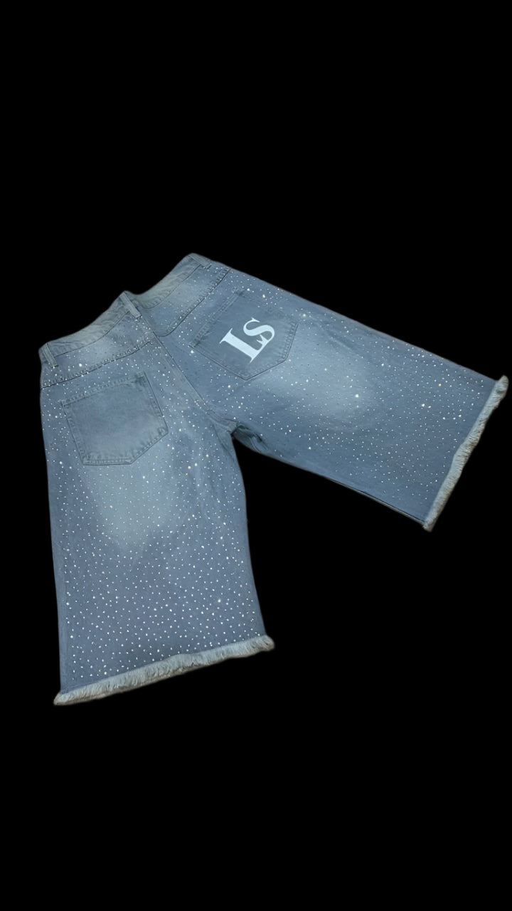 rhinestone denim jorts white print