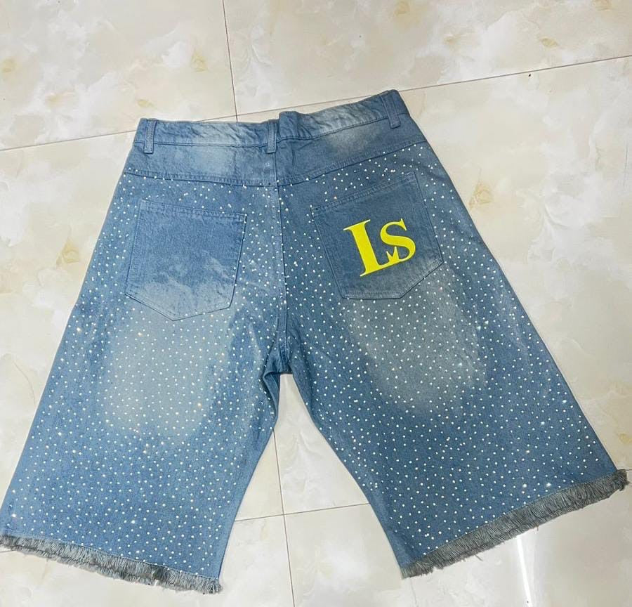 rhinestone denim jorts yellow print
