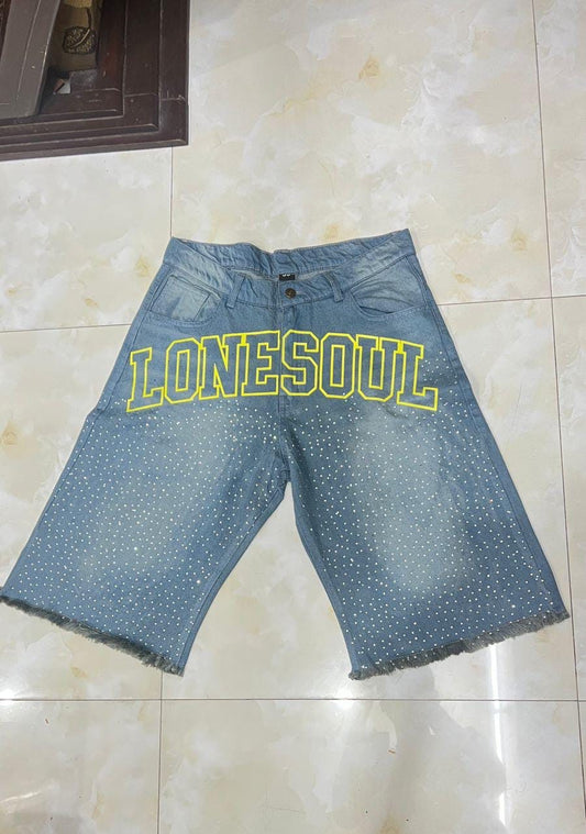 rhinestone denim jorts yellow print